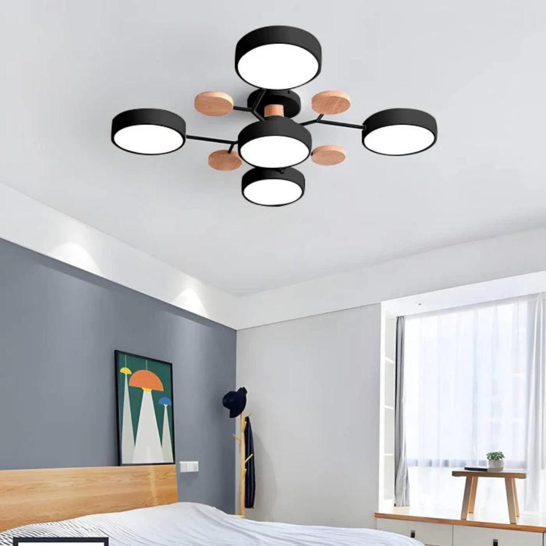 Modern Iron & Wood Flush Mount LED Ceiling Light – Dimmable & Energy-Efficient