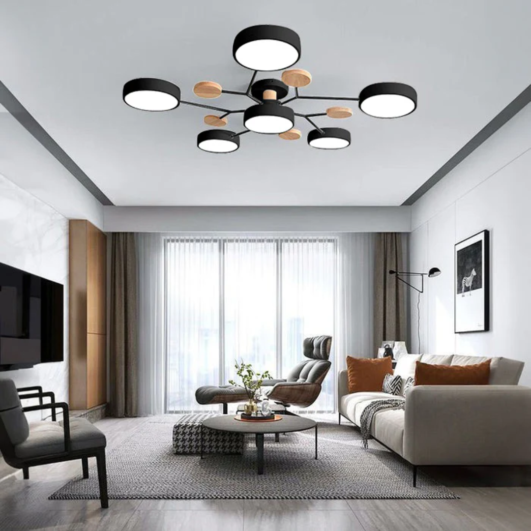 Modern Iron & Wood Flush Mount LED Ceiling Light – Dimmable & Energy-Efficient