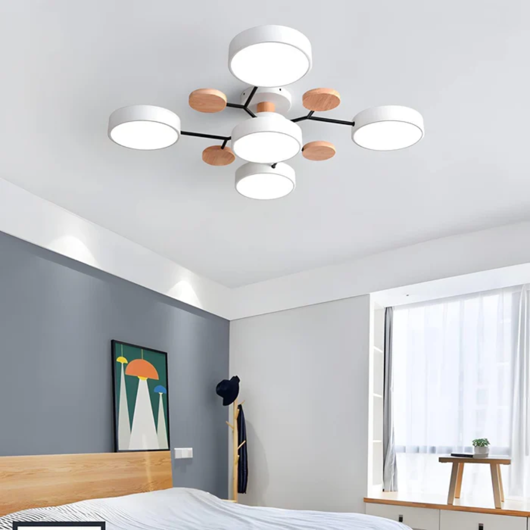 Modern Iron & Wood Flush Mount LED Ceiling Light – Dimmable & Energy-Efficient
