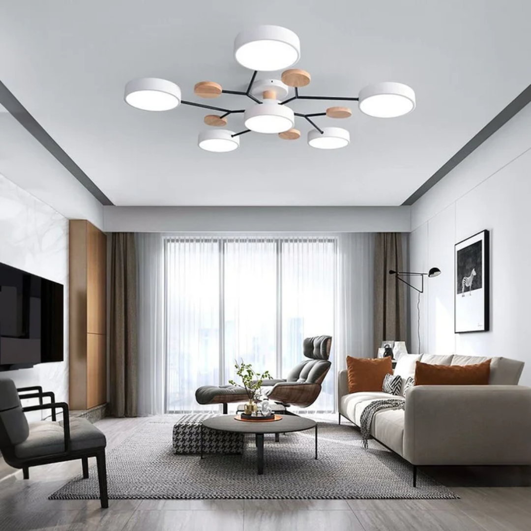 Modern Iron & Wood Flush Mount LED Ceiling Light – Dimmable & Energy-Efficient