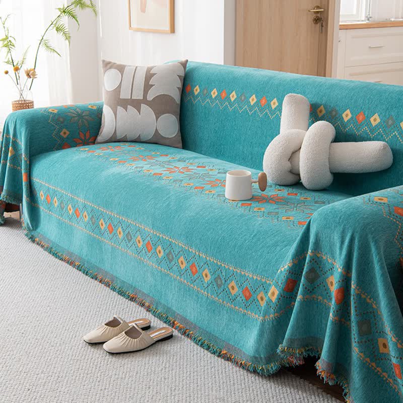 Geometric Pattern Woven Sofa Throw Cover – Multi-Color Couch Protector Blanket