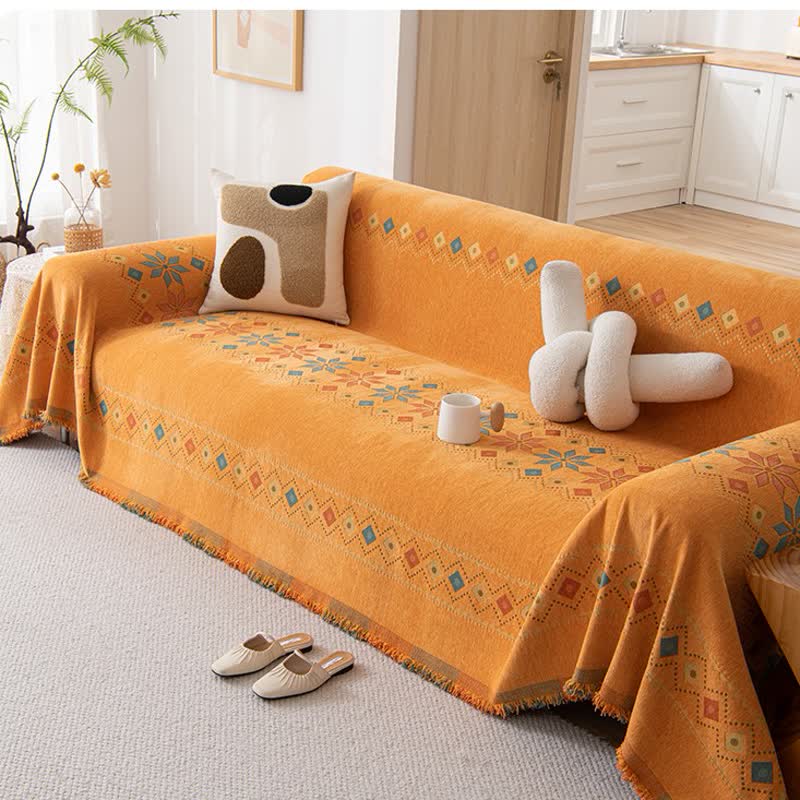 Geometric Pattern Woven Sofa Throw Cover – Multi-Color Couch Protector Blanket