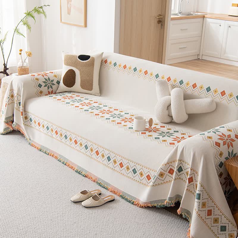 Geometric Pattern Woven Sofa Throw Cover – Multi-Color Couch Protector Blanket