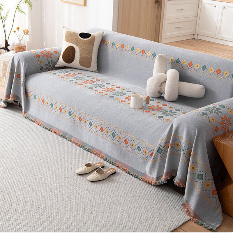 Geometric Pattern Woven Sofa Throw Cover – Multi-Color Couch Protector Blanket