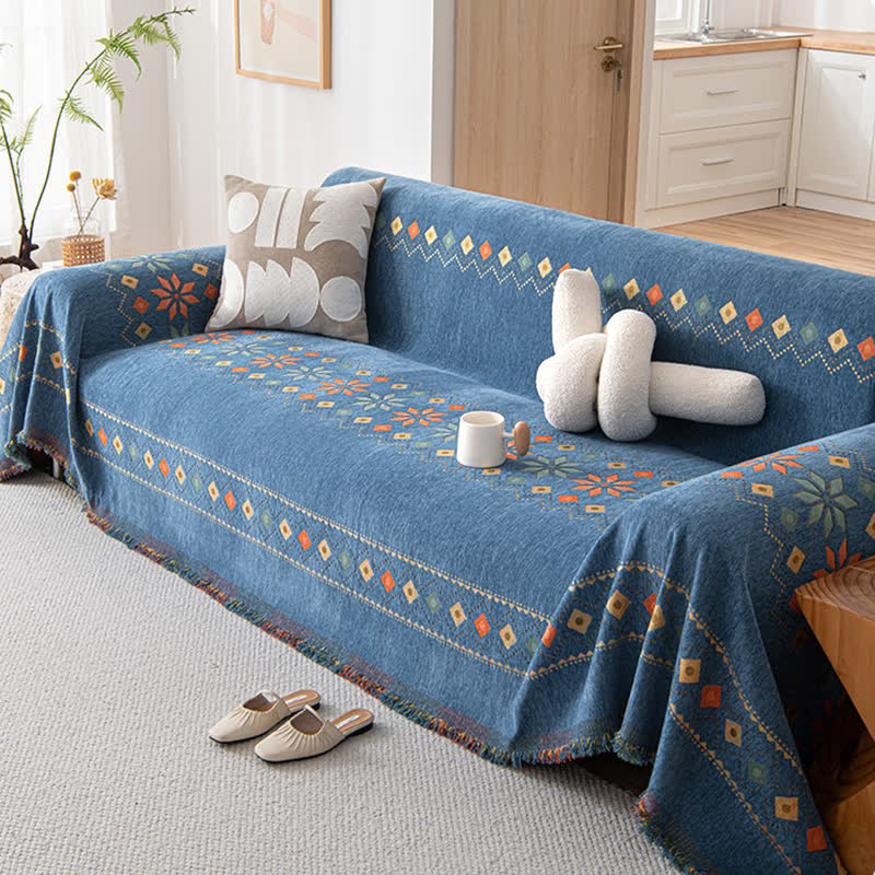 Geometric Pattern Woven Sofa Throw Cover – Multi-Color Couch Protector Blanket