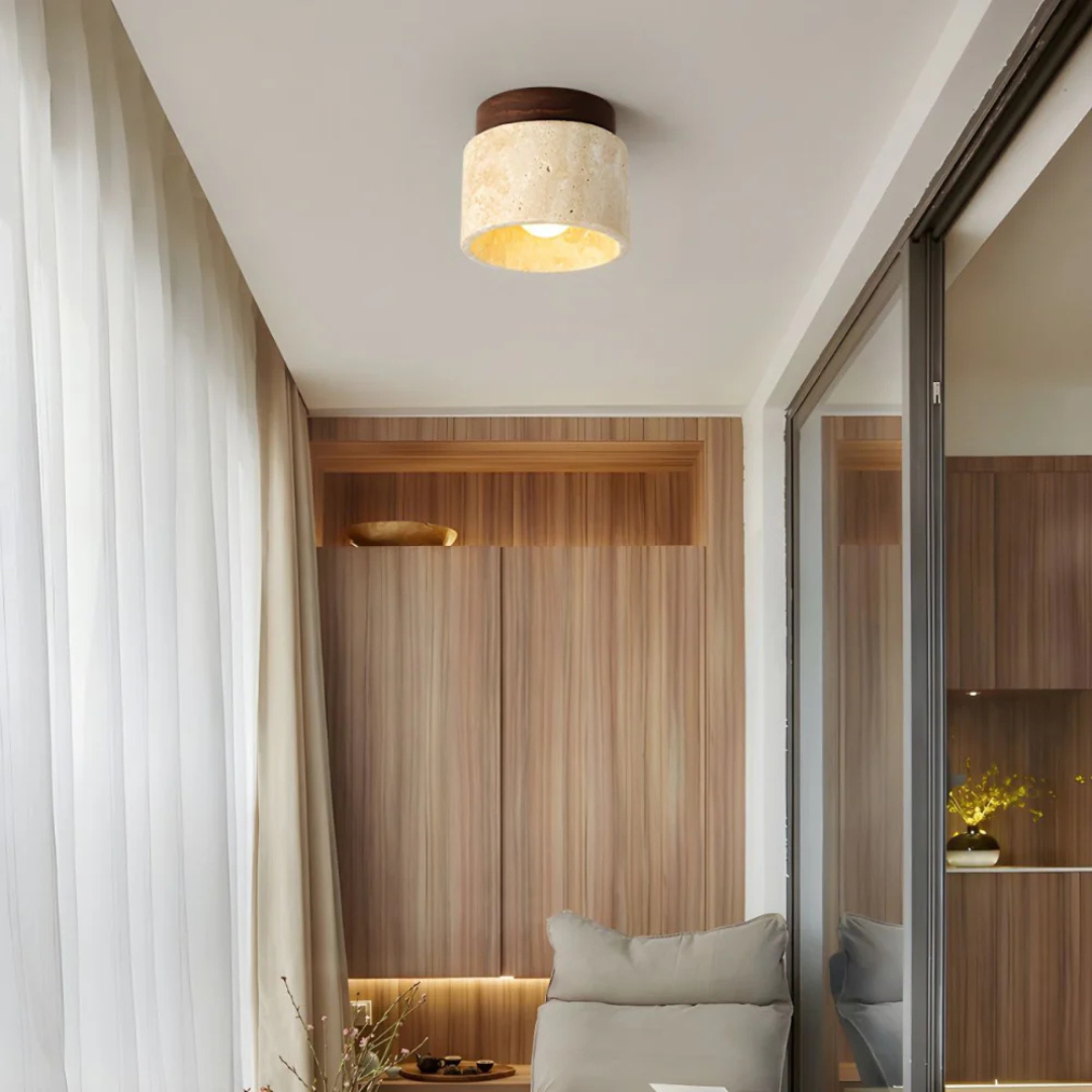 Japanese Style Marble & Wood Flush Mount Ceiling Light – Warm Ambient E27 Fixture