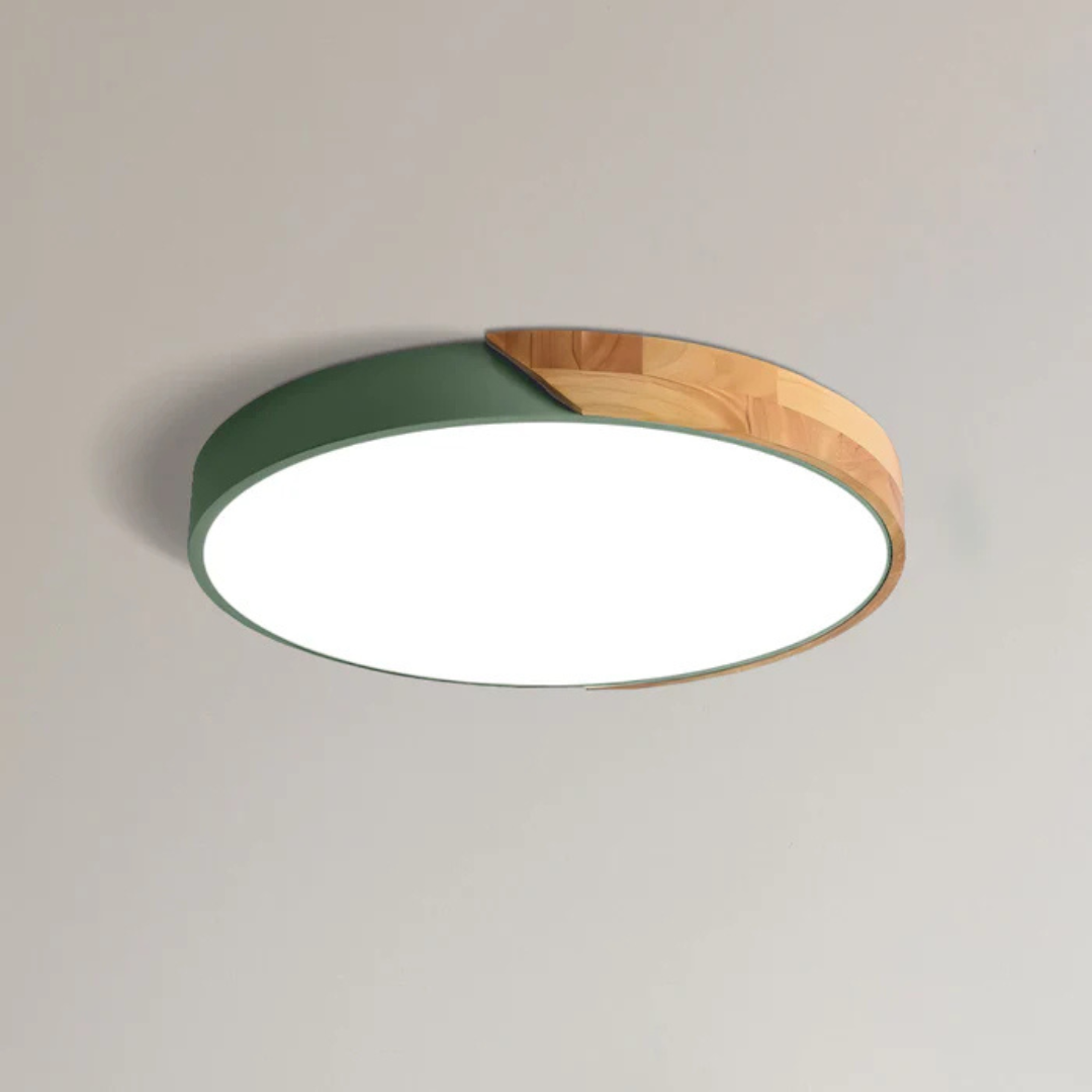Scandinavian Wooden LED Flush Mount Ceiling Light – Adjustable Warmth & Dimming