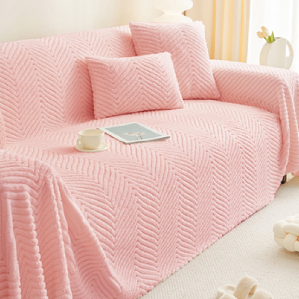 Plush Chevron Textured Sofa Cover – Warm Fleece Fabric for Couch Protection