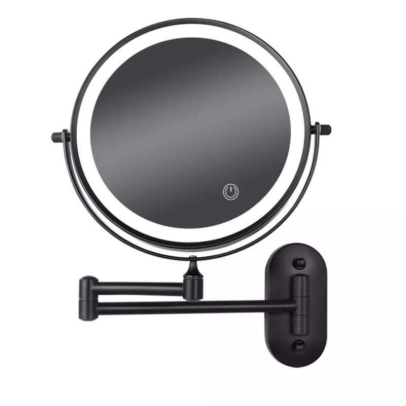 Wall-Mounted LED Makeup Mirror with Touch Sensor – Black Extendable Double-Sided Design