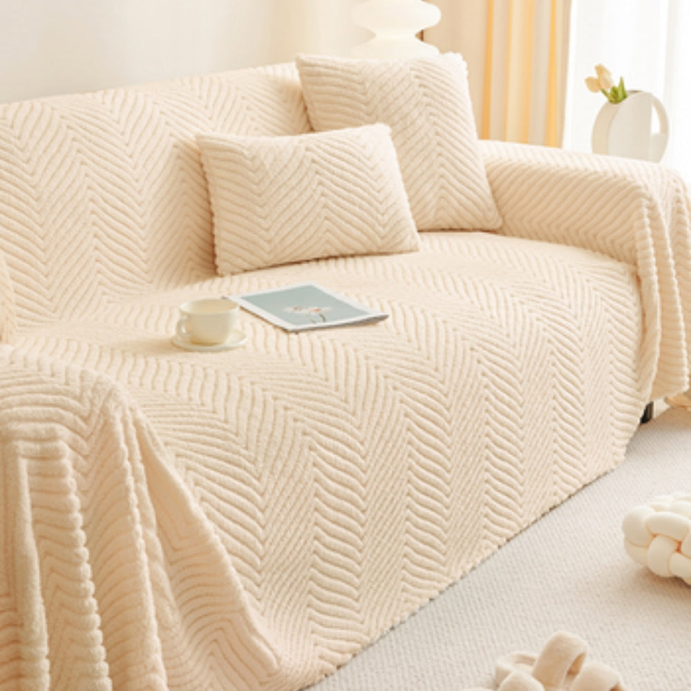 Plush Chevron Textured Sofa Cover – Warm Fleece Fabric for Couch Protection
