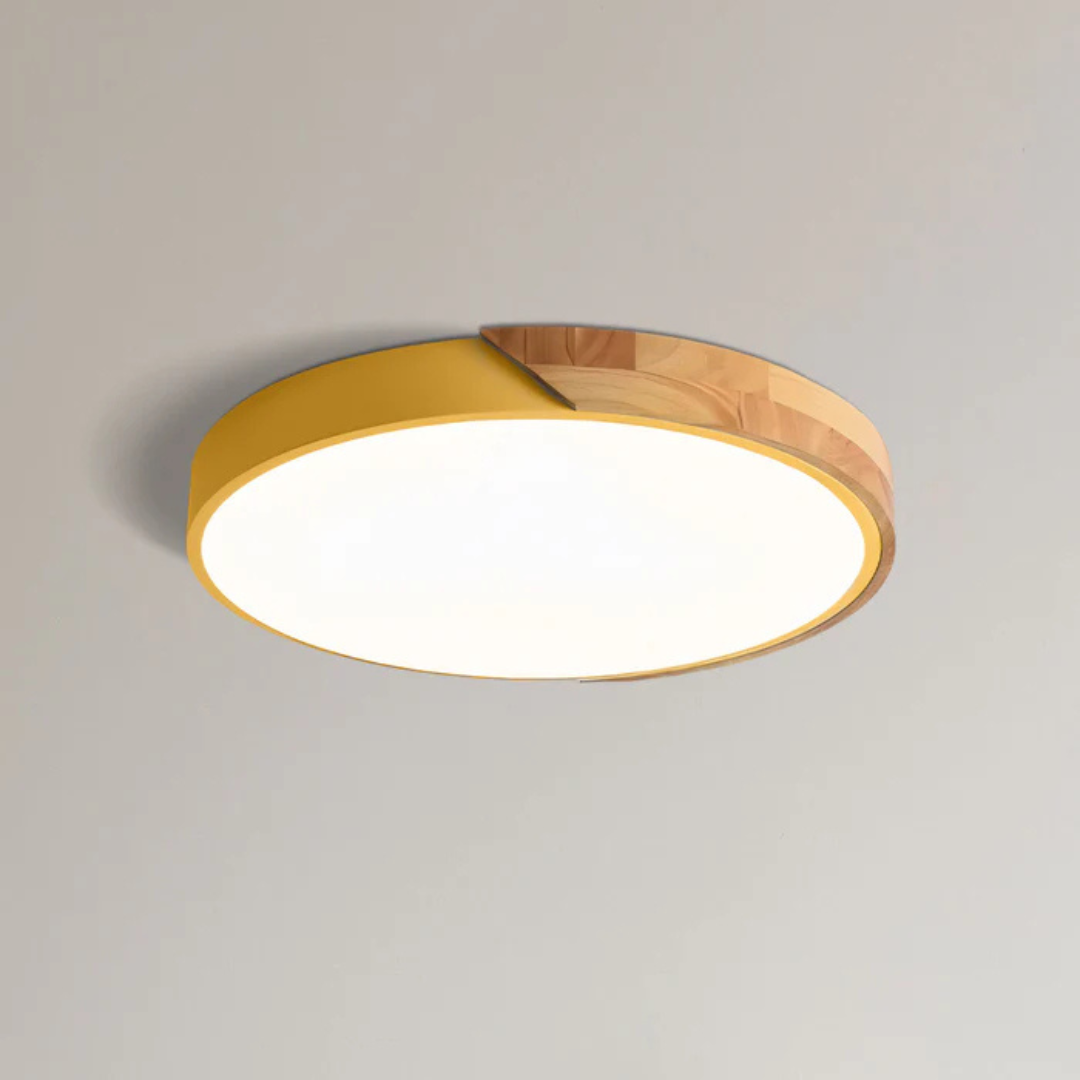 Scandinavian Wooden LED Flush Mount Ceiling Light – Adjustable Warmth & Dimming