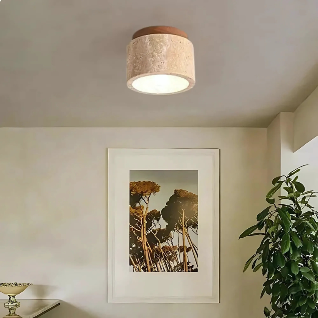 Japanese Style Marble & Wood Flush Mount Ceiling Light – Warm Ambient E27 Fixture