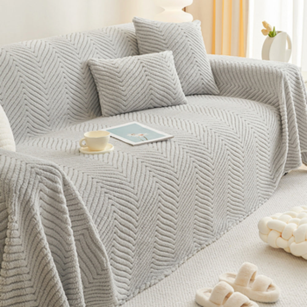 Plush Chevron Textured Sofa Cover – Warm Fleece Fabric for Couch Protection