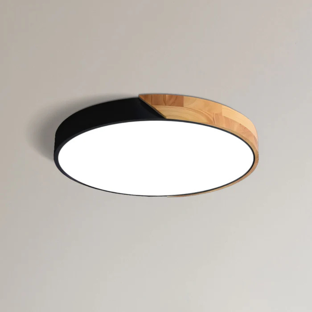 Scandinavian Wooden LED Flush Mount Ceiling Light – Adjustable Warmth & Dimming