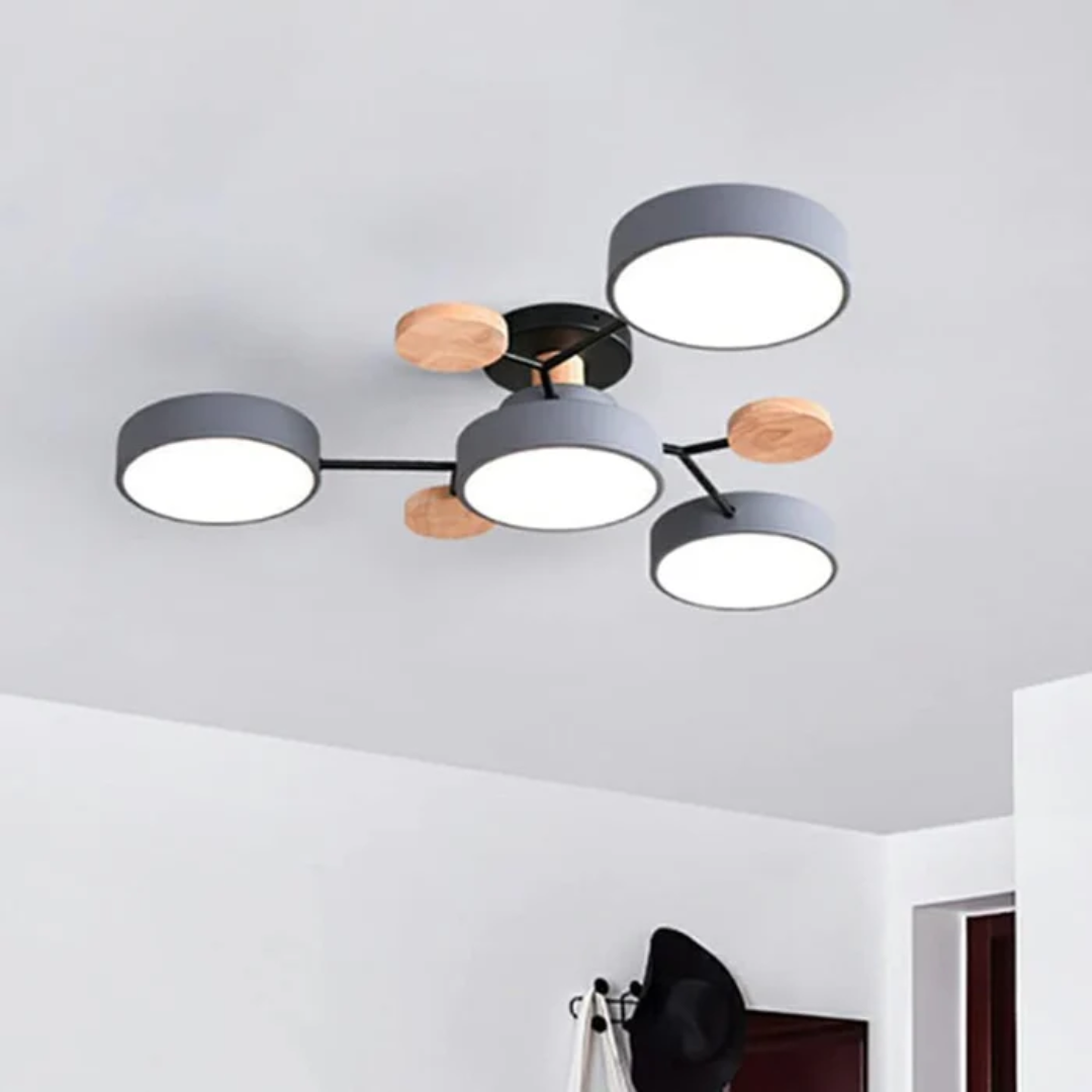 Modern Iron & Wood Flush Mount LED Ceiling Light – Dimmable & Energy-Efficient