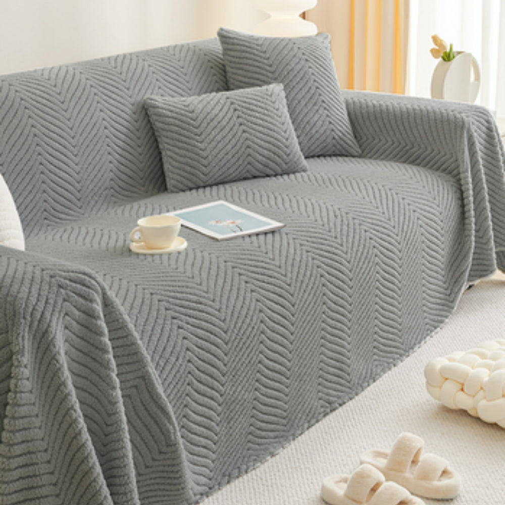 Plush Chevron Textured Sofa Cover – Warm Fleece Fabric for Couch Protection