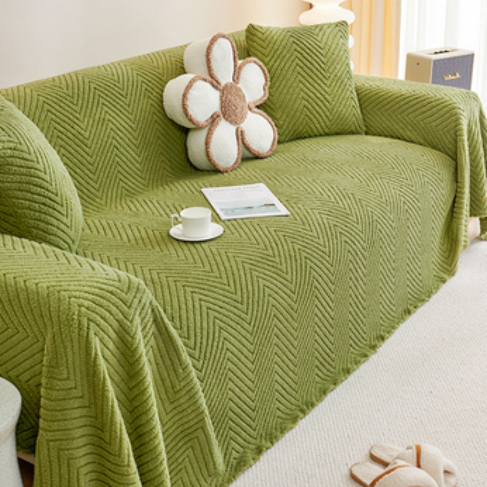 Plush Chevron Textured Sofa Cover – Warm Fleece Fabric for Couch Protection