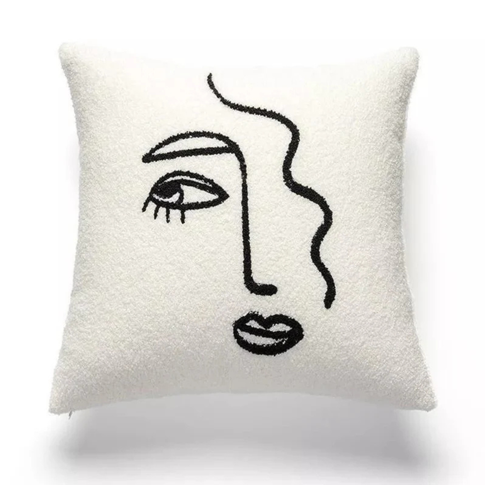 Minimalist Abstract Face Pillow Cover – Modern Embroidered Line Art Cushion