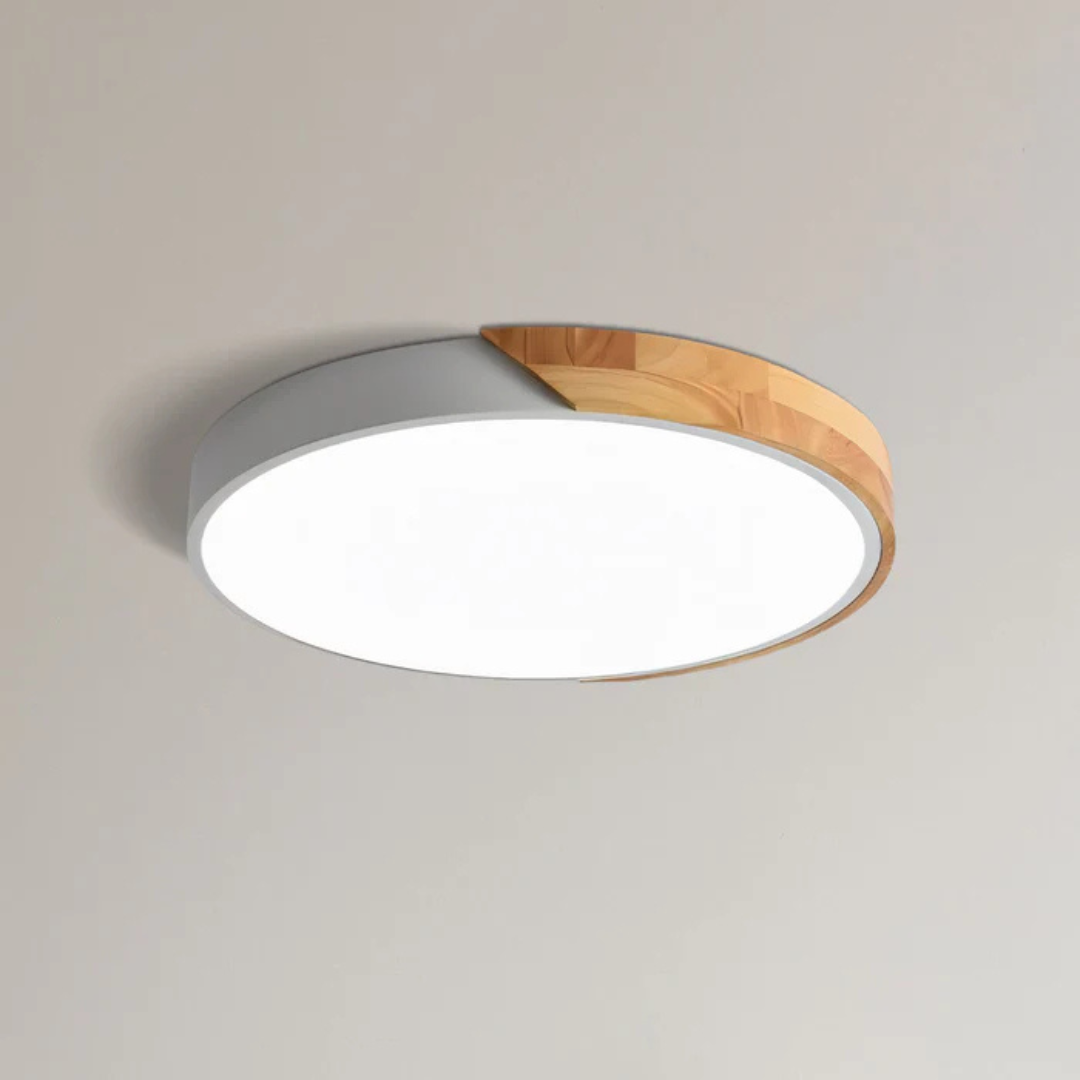 Scandinavian Wooden LED Flush Mount Ceiling Light – Adjustable Warmth & Dimming