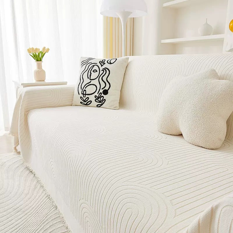 Modern Minimalist Sofa Throw Cover – Bohemian Textured Pattern with Tassel Edges