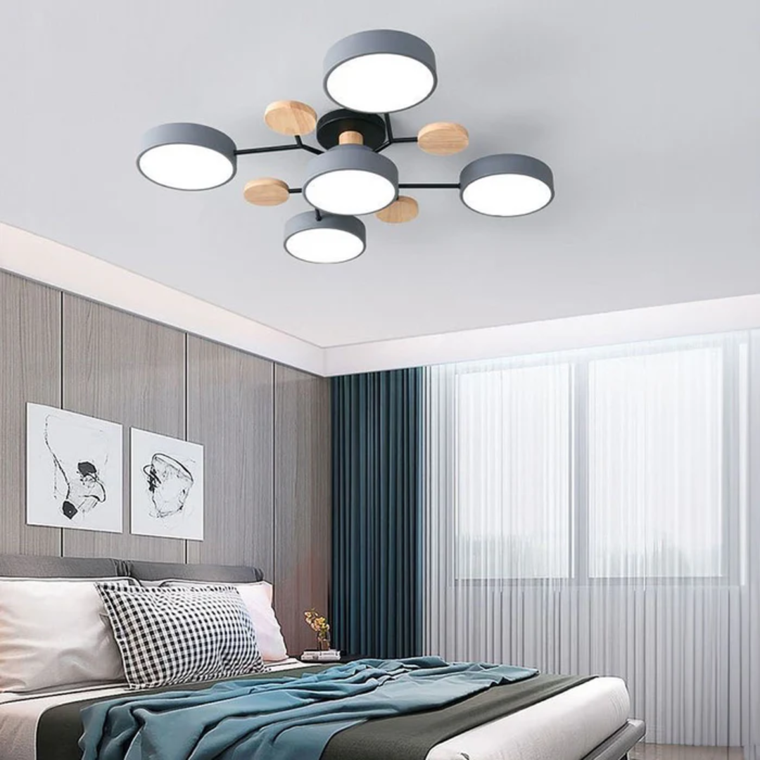 Modern Iron & Wood Flush Mount LED Ceiling Light – Dimmable & Energy-Efficient