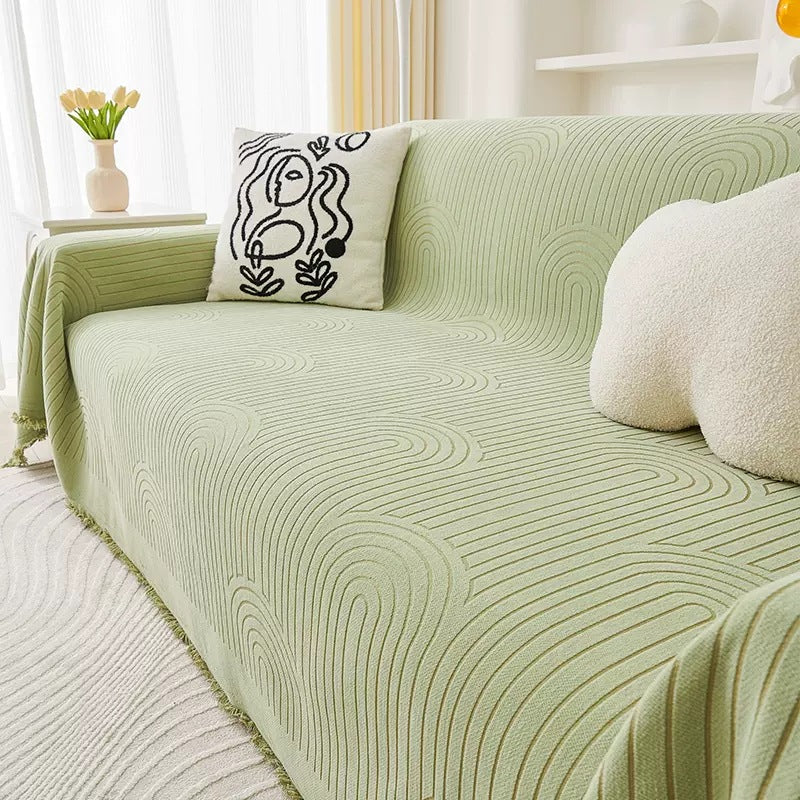 Modern Minimalist Sofa Throw Cover – Bohemian Textured Pattern with Tassel Edges