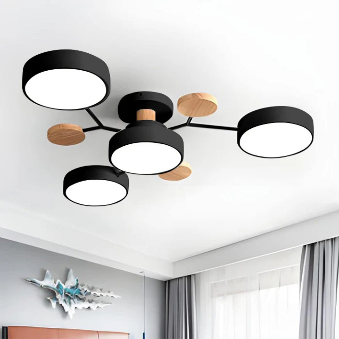 Modern Iron & Wood Flush Mount LED Ceiling Light – Dimmable & Energy-Efficient
