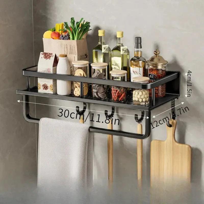 Wall Mounted Kitchen Organizer Rack Set – Multi-Tier Spice & Utensil Storage Shelves with Hooks
