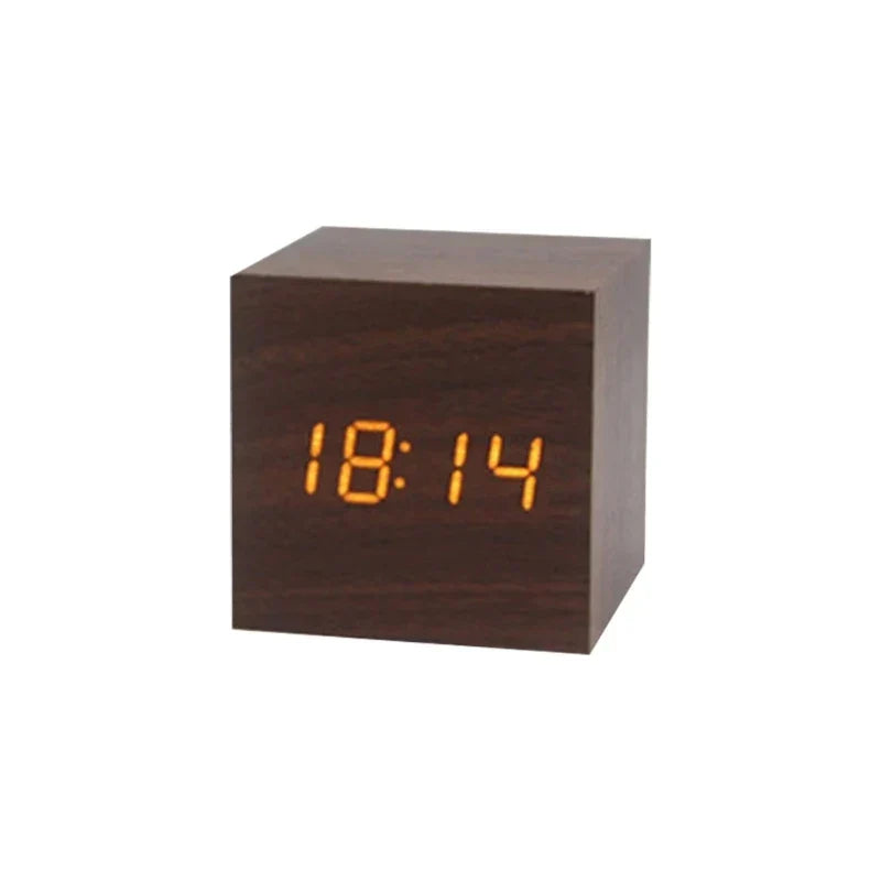 Wooden LED Alarm Clock with Temperature Display & Sound Activation – Compact Digital Desk Clock