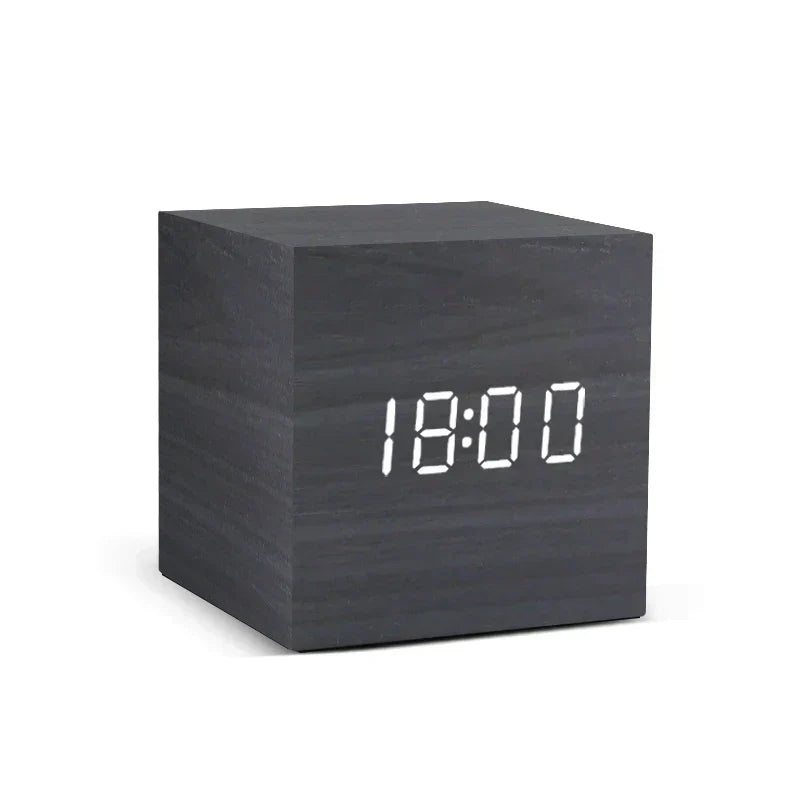 Wooden LED Alarm Clock with Temperature Display & Sound Activation – Compact Digital Desk Clock