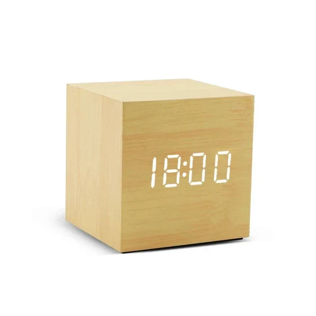 Wooden LED Alarm Clock with Temperature Display & Sound Activation – Compact Digital Desk Clock