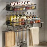 Wall Mounted Kitchen Organizer Rack Set – Multi-Tier Spice & Utensil Storage Shelves with Hooks