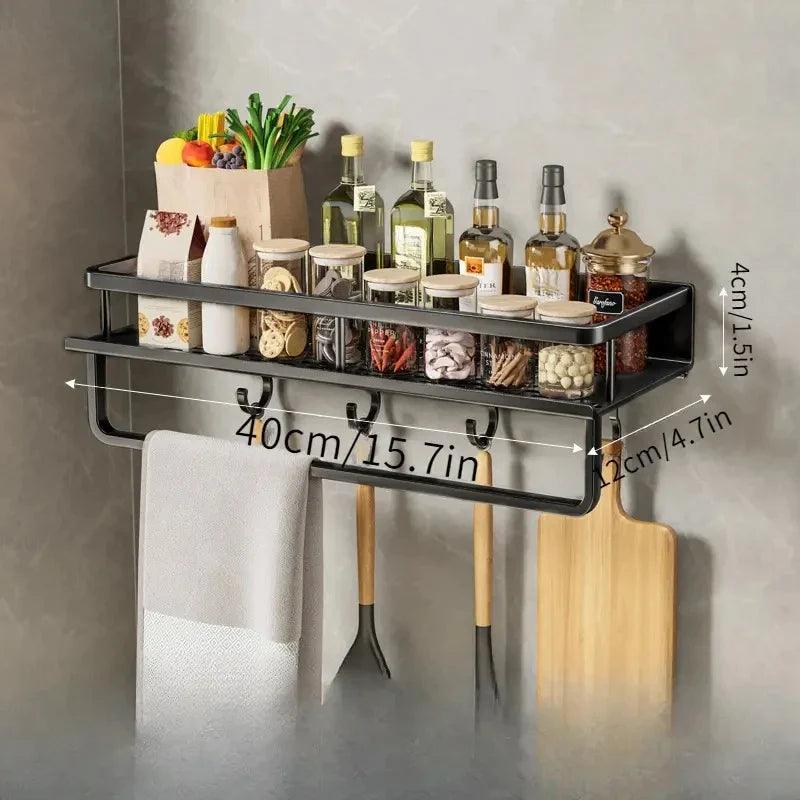 Wall Mounted Kitchen Organizer Rack Set – Multi-Tier Spice & Utensil Storage Shelves with Hooks