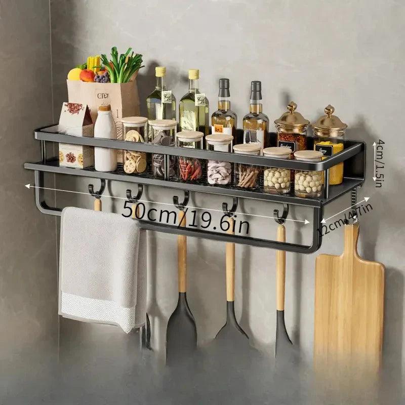 Wall Mounted Kitchen Organizer Rack Set – Multi-Tier Spice & Utensil Storage Shelves with Hooks