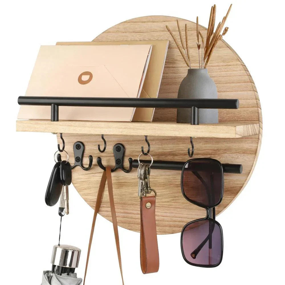 Round Wall-Mounted Key Holder with Shelf – Rustic Wood Entryway Organizer with Hooks & Rail