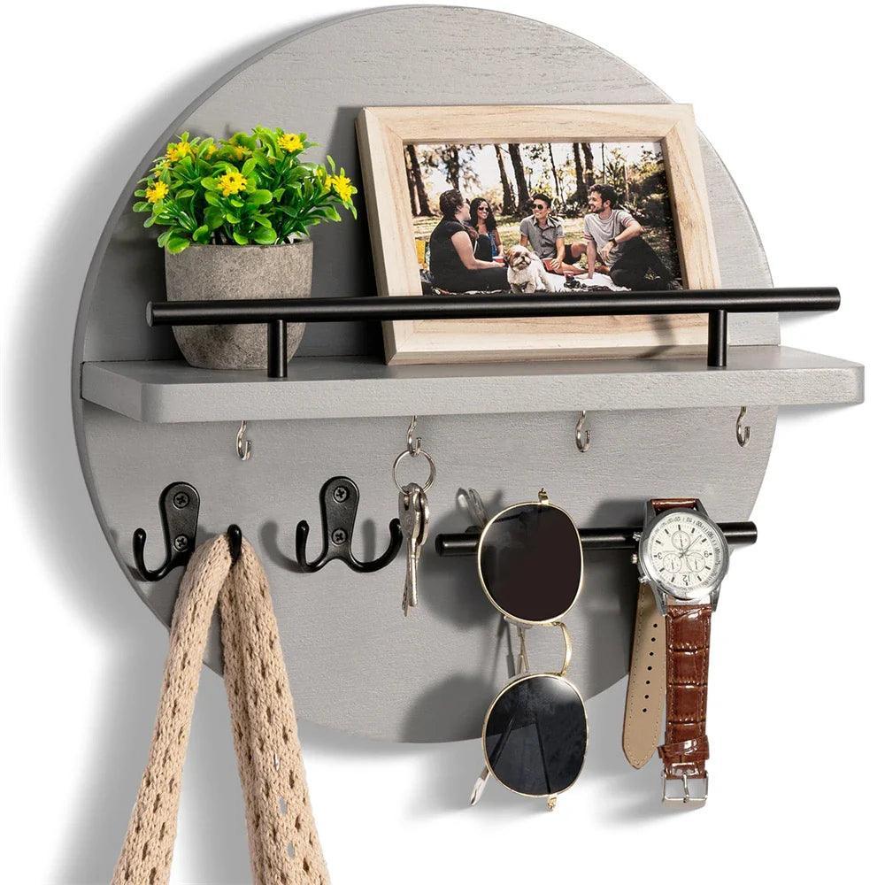 Round Wall-Mounted Key Holder with Shelf – Rustic Wood Entryway Organizer with Hooks & Rail