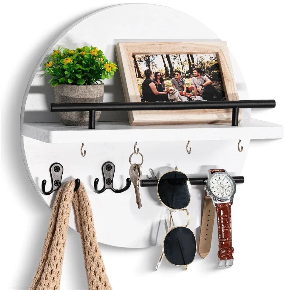 Round Wall-Mounted Key Holder with Shelf – Rustic Wood Entryway Organizer with Hooks & Rail