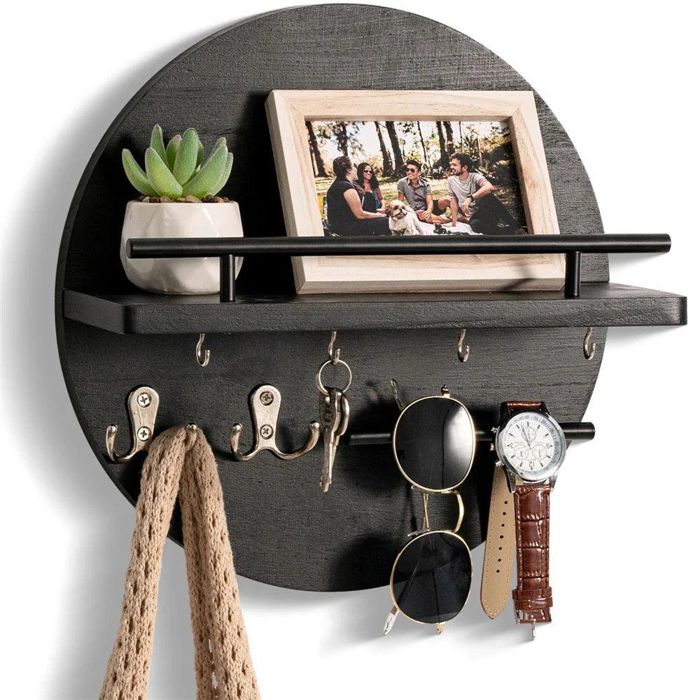 Round Wall-Mounted Key Holder with Shelf – Rustic Wood Entryway Organizer with Hooks & Rail