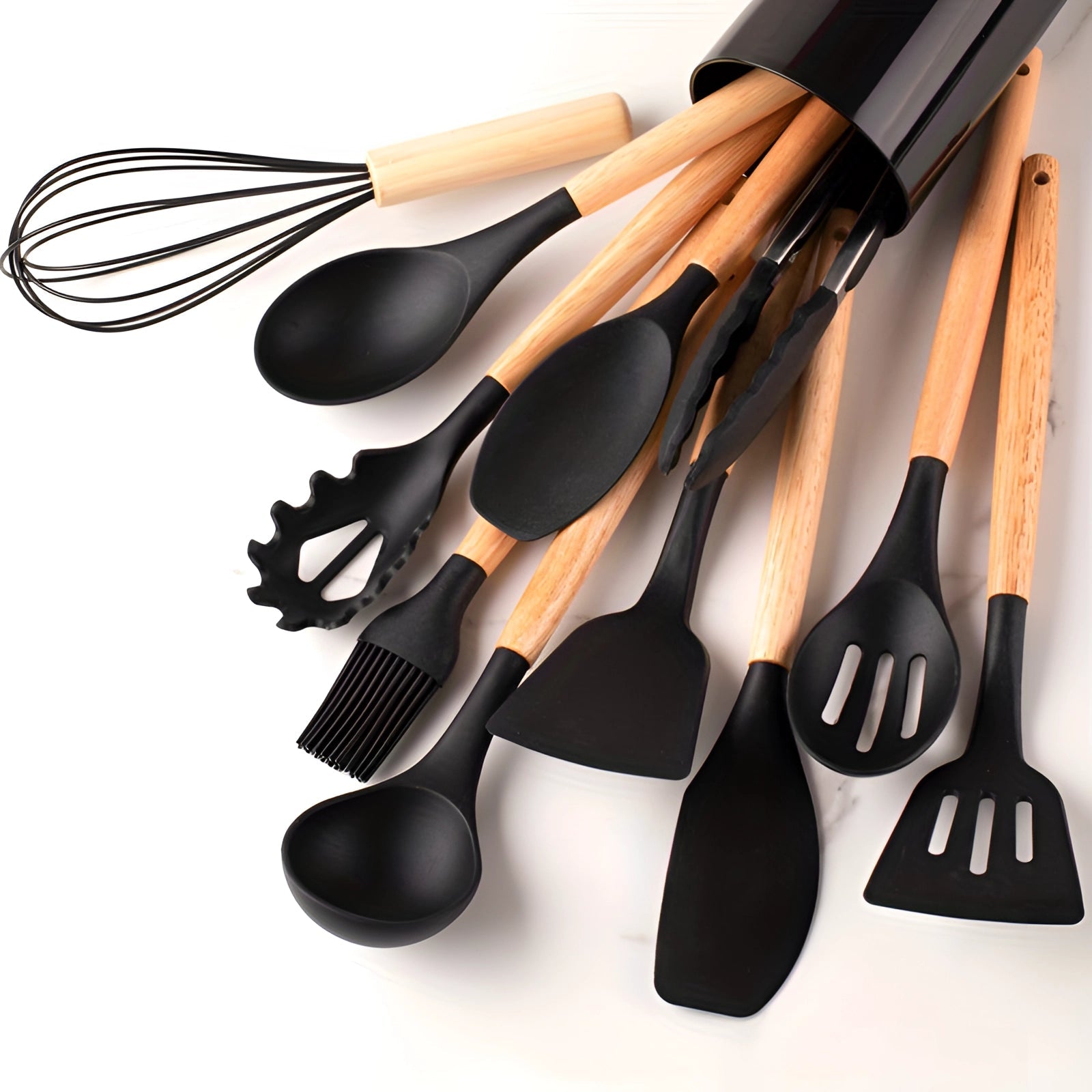 11-Piece Silicone Kitchen Utensil Set – Wooden Handle Cooking Tools