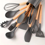 11-Piece Silicone Kitchen Utensil Set – Wooden Handle Cooking Tools