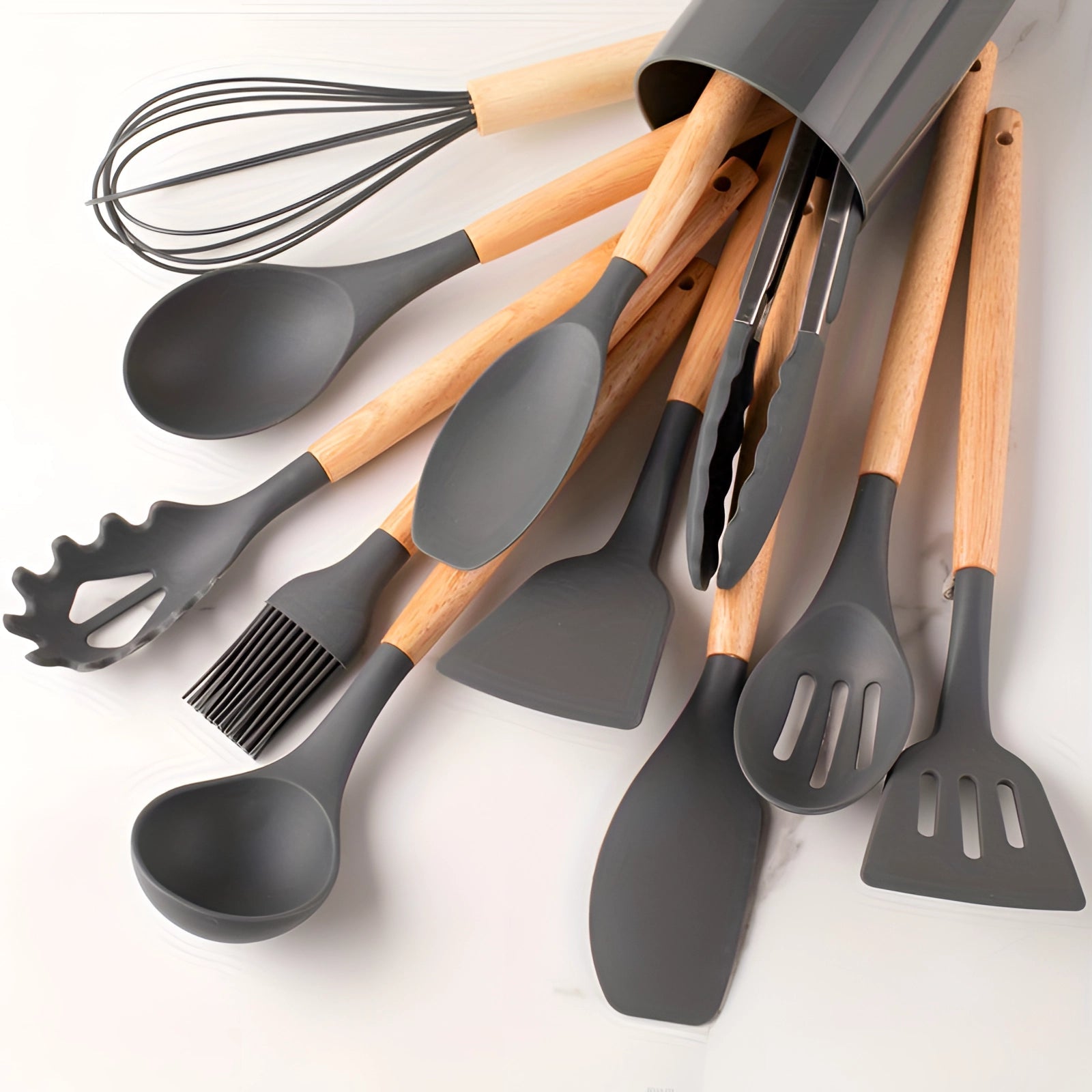 11-Piece Silicone Kitchen Utensil Set – Wooden Handle Cooking Tools