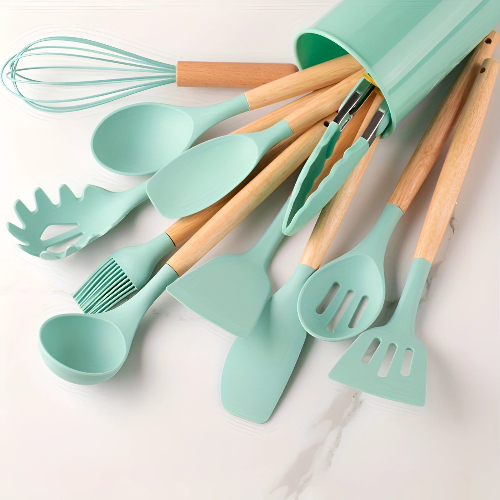 11-Piece Silicone Kitchen Utensil Set – Wooden Handle Cooking Tools