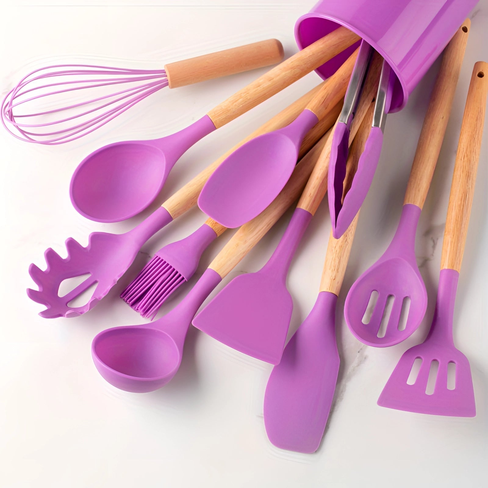 11-Piece Silicone Kitchen Utensil Set – Wooden Handle Cooking Tools