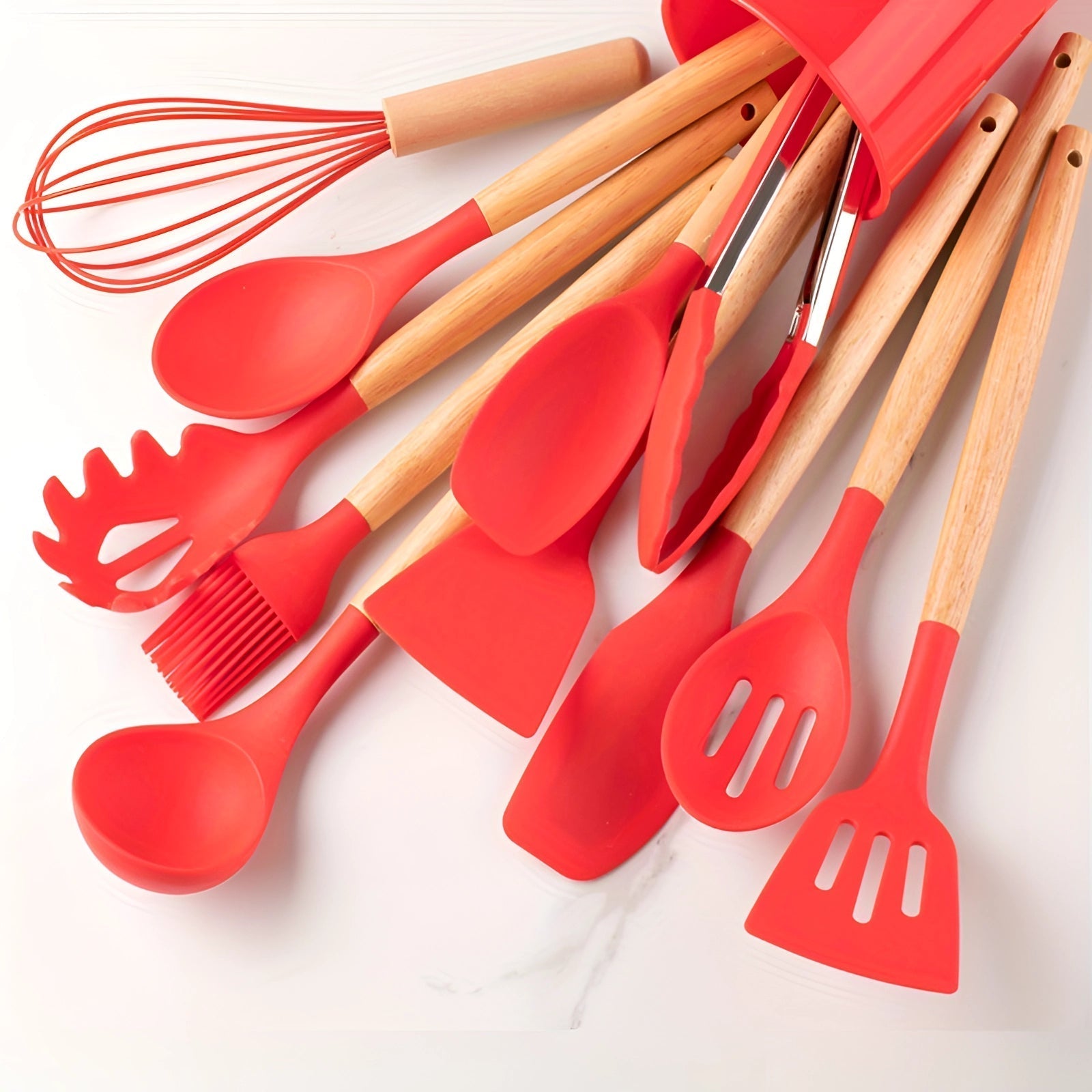 11-Piece Silicone Kitchen Utensil Set – Wooden Handle Cooking Tools