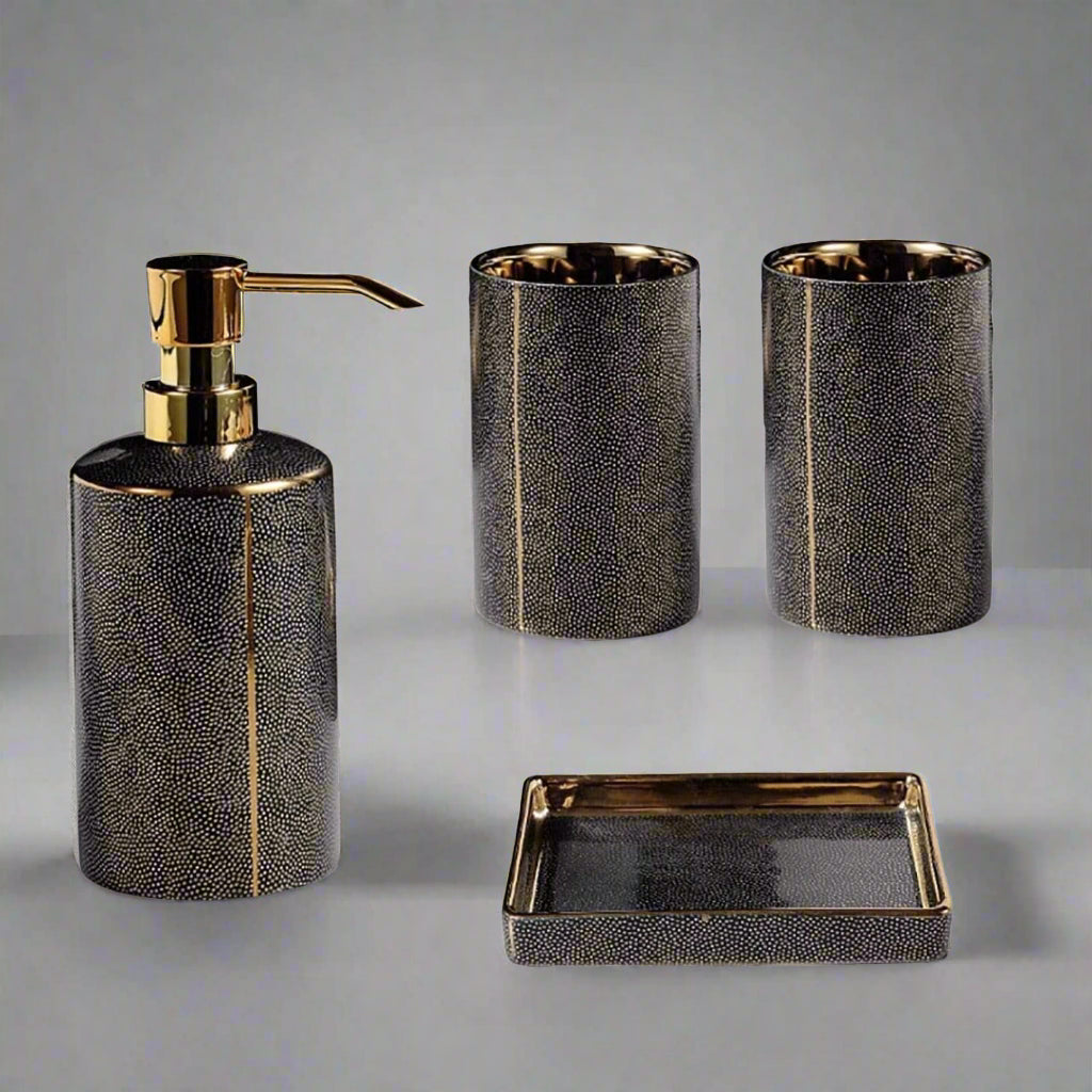 Luxury 4-Piece Bathroom Accessory Set – Black or Cream Faux Stingray with Gold Accents