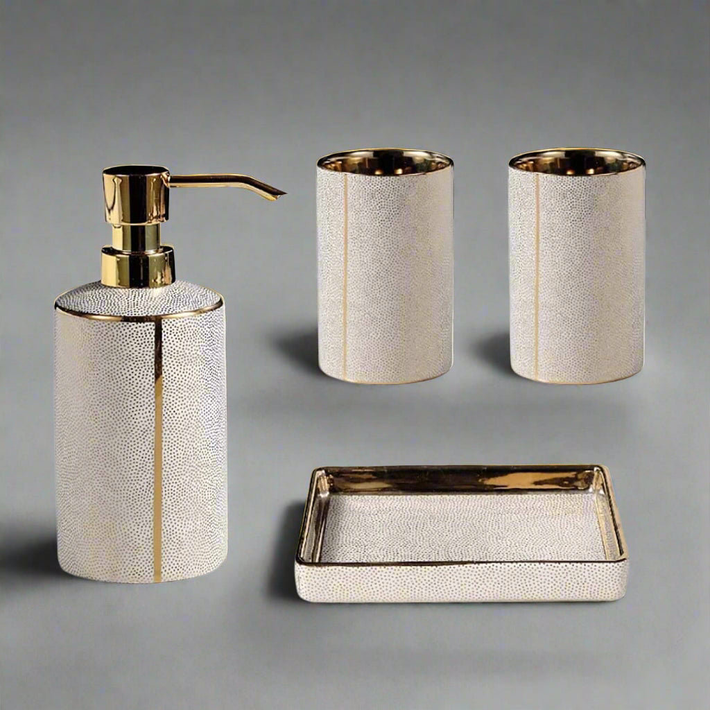 Luxury 4-Piece Bathroom Accessory Set – Black or Cream Faux Stingray with Gold Accents
