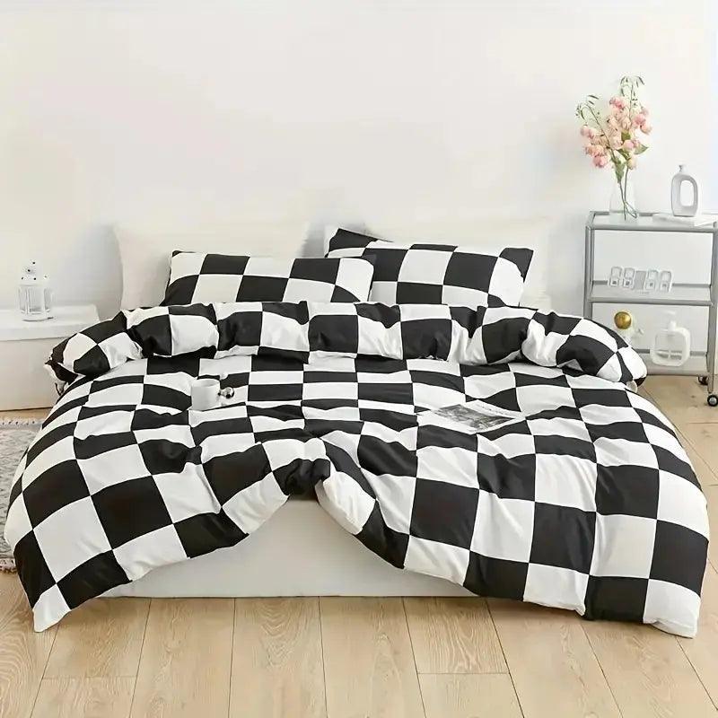 Black & White Checkerboard Bedding Set – Modern Duvet Cover and Pillowcase Set (No Filling)