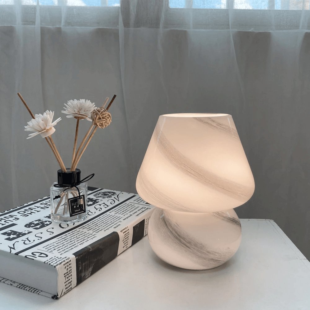 Hand-Blown Glass Mushroom Lamp – Swirl Pattern Table Light for Bedroom & Living Room Decor