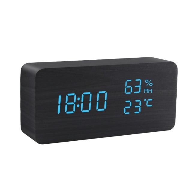 Modern Wooden LED Alarm Clock with Temperature, Humidity Display & Triple Alarm Settings