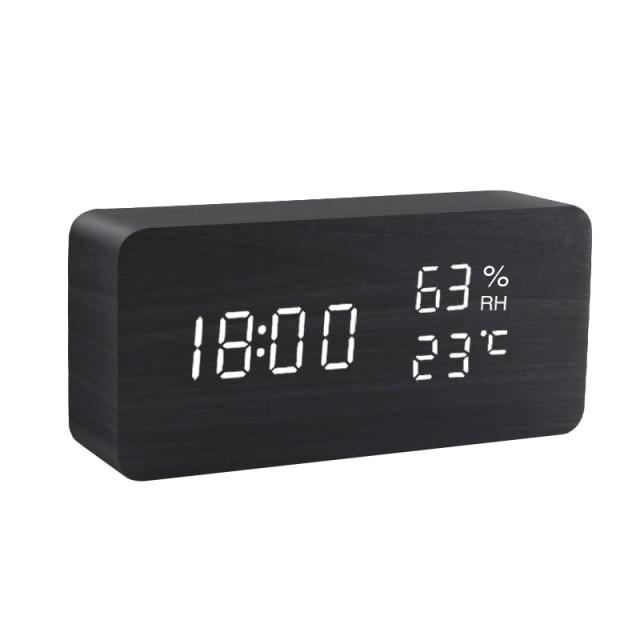 Modern Wooden LED Alarm Clock with Temperature, Humidity Display & Triple Alarm Settings